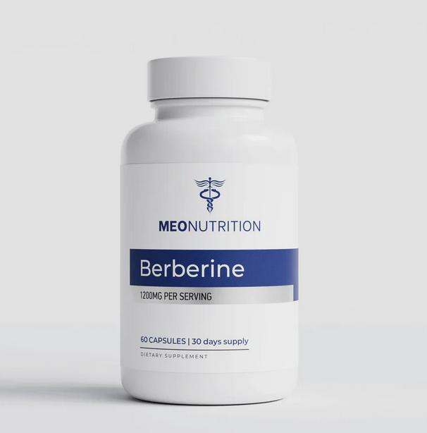 Meo Nutrition Berberine 1200mg supplement bottle, white studio shot