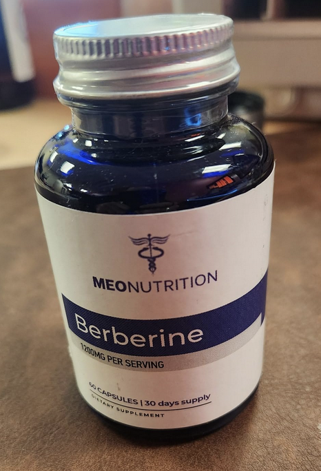 Meo Nutrition Berberine bottle on table, lifestyle photo